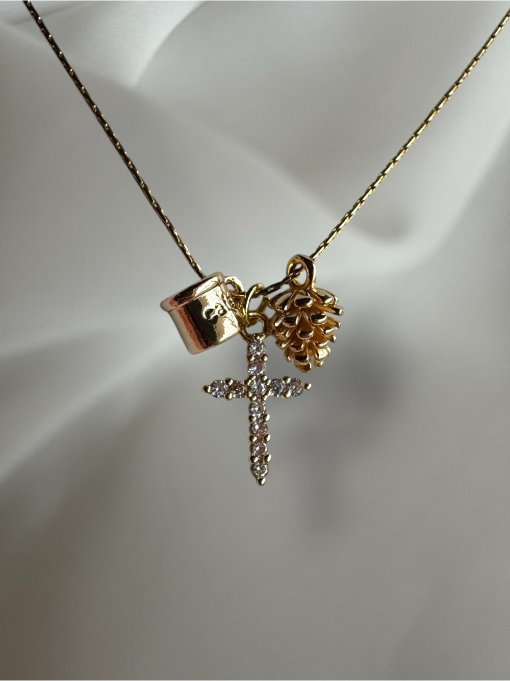 Gold Cross, Coffee Mug, &Pinecone Charm Necklace - Picture 3 of 4